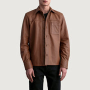 Scout Matte Brun Leather Shirt för Herr in Matte Brown Cowhide Leather - Front Profile View &amp; Tailored Silhouette | Buy Online