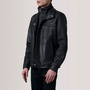 Sean Svart Snuffed Classic Läderjacka för Herr For Men - Lateral Side Profile View Showing Sleeve Cut &amp; Athletic Taper Fit
