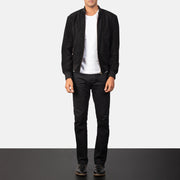 Men's Shane Svart Suede Bomberjacka i Läder för Herr - Lateral Side Profile View Showing Sleeve Cut &amp; Athletic Taper Fit