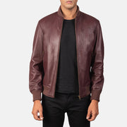 Men's Shane Maroon Bomberjacka i Läder för Herr in Maroon Sheepskin Leather - Front Profile View &amp; Tailored Silhouette | Buy Online