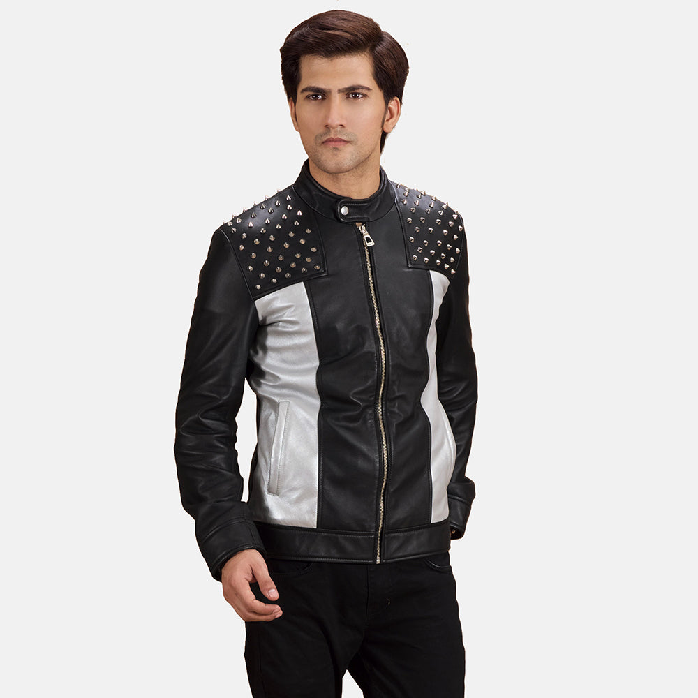 Shapron Studded Bikerjacka i Läder för Herr in Black Sheepskin Leather - Front Profile View &amp; Tailored Silhouette | Buy Online
