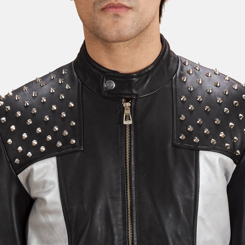 Close-Up Detail of Band with snap button &amp; Zipper Hardware on Shapron Studded Bikerjacka i Läder för Herr