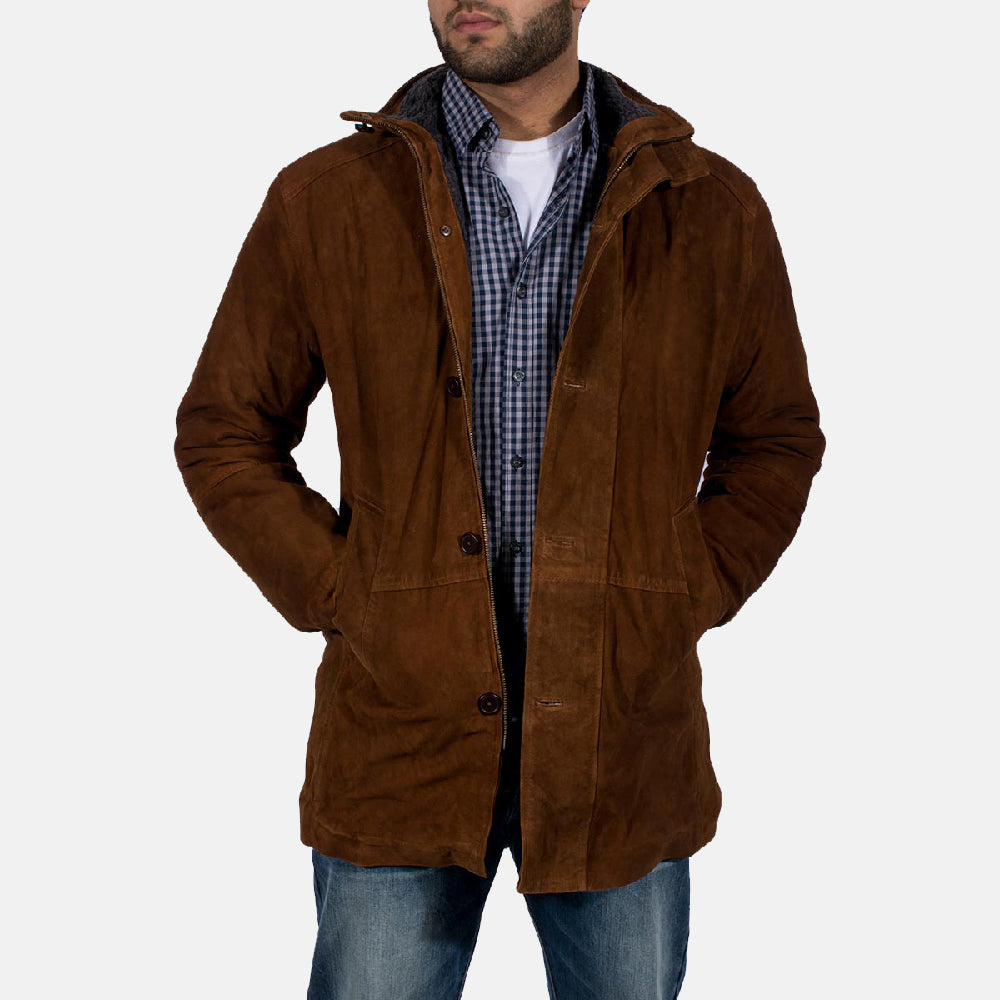Men's Sheriff Brun Suede Läderjacka för Herr in Brown Goatskin Suede - Front Profile View &amp; Tailored Silhouette | Buy Online