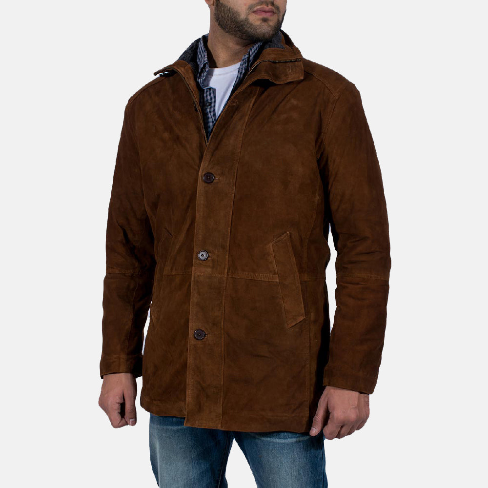 Men's Sheriff Brun Suede Läderjacka för Herr - Lateral Side Profile View Showing Sleeve Cut &amp; Athletic Taper Fit