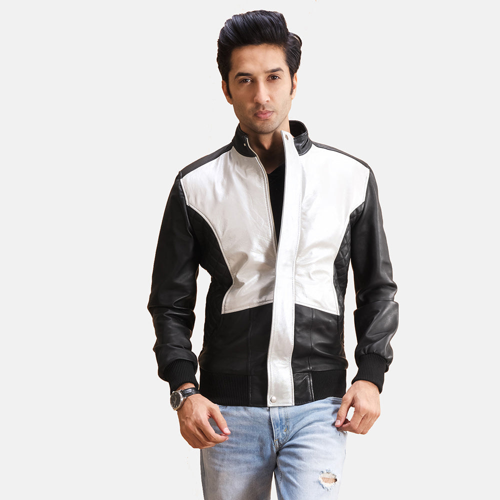 Spade Silver Svart Bomberjacka i Läder för Herr in Black Sheepskin Leather - Front Profile View &amp; Tailored Silhouette | Buy Online