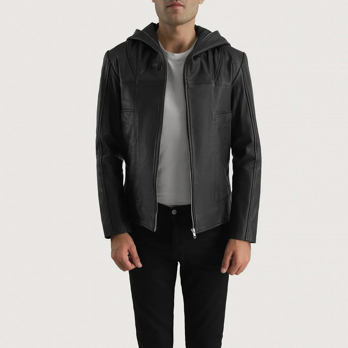 Men's Spratt Svart Hooded Läderjacka för Herr in Black Goatskin Leather - Front Profile View &amp; Tailored Silhouette | Buy Online
