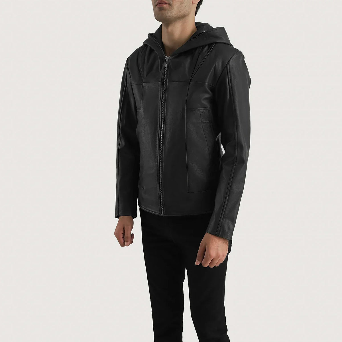 Men's Spratt Svart Hooded Läderjacka för Herr - Lateral Side Profile View Showing Sleeve Cut &amp; Athletic Taper Fit