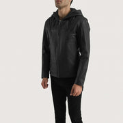 Men's Spratt Svart Hooded Läderjacka för Herr - Lateral Side Profile View Showing Sleeve Cut &amp; Athletic Taper Fit
