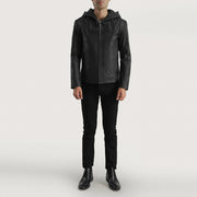 Close-Up Detail of Hooded &amp; Zipper Hardware on Men's Spratt Svart Hooded Läderjacka för Herr