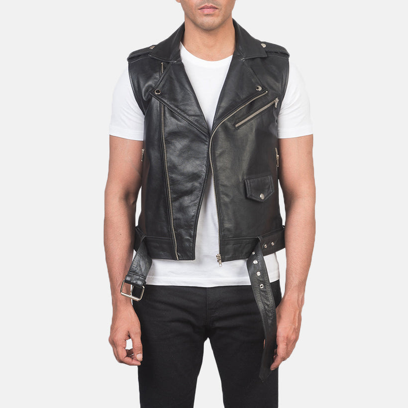 Sullivan Svart Leather Biker Vest för Herr