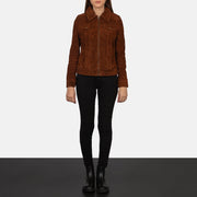 
Närbild på skjortkrage och dragkedja på Suzy Brown Suede Trucker Jacket