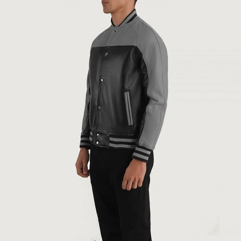Black & Red Sheepskin Leather Varsity Jacket - Back View Showing Tailored Shoulder Fit & Clean Hemline