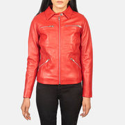 Close-Up Detail of Shirt with Snap Button &amp; Zipper Hardware on Women's Tomachi Red Leather Jacket