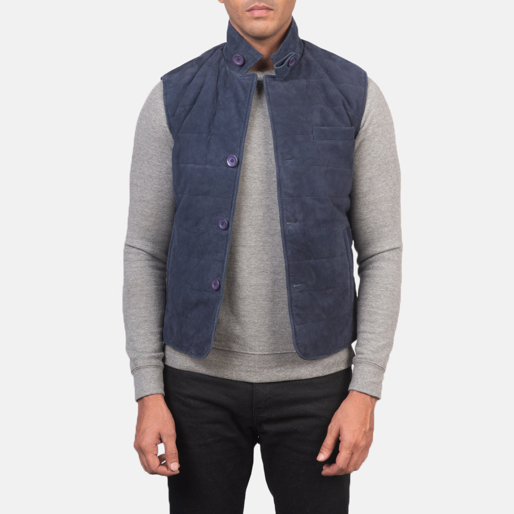 
Tony Blå Suede Vest för Herr in Blue Goatskin Suede - Framifrån med skräddarsydd silhuett | Handla online