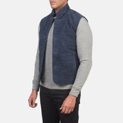 
Blue Goatskin Suede Leather Vest - Bakifrån med perfekt axelpassform och ren fåll
