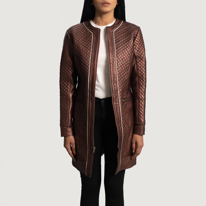 Trudy Lane Quilted Maroon Leather Coat för Dam