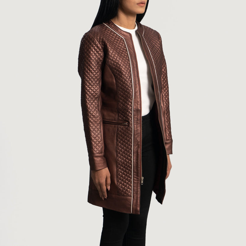 Trudy Lane Quilted Maroon Leather Coat för Dam
