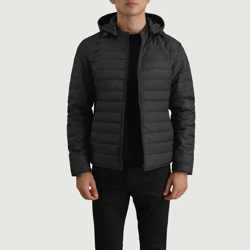 Tyler Svart Hooded Puffer Läderjacka för Herr