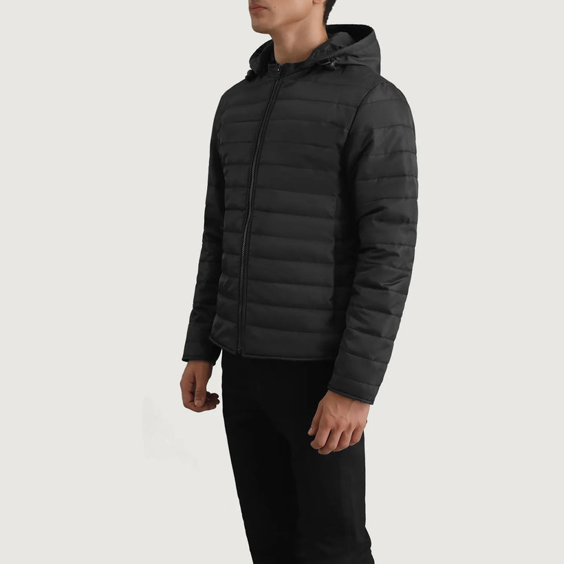 Tyler Svart Hooded Puffer Läderjacka för Herr
