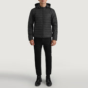 Tyler Svart Hooded Puffer Läderjacka för Herr - Lateral Side Profile View Showing Sleeve Cut &amp; Athletic Taper Fit