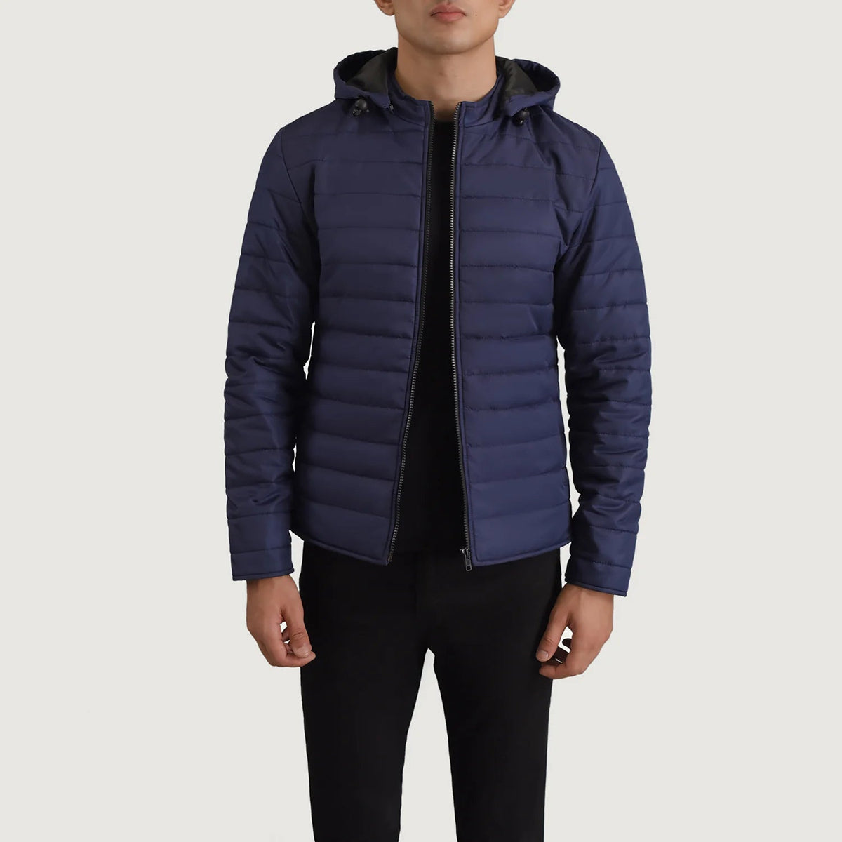 Tyler Blue Hooded Puffer Läderjacka för Herr in Blue Full-Grain Leather - Front Profile View &amp; Tailored Silhouette | Buy Online