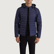 Tyler Blue Hooded Puffer Läderjacka för Herr in Blue Full-Grain Leather - Front Profile View &amp; Tailored Silhouette | Buy Online