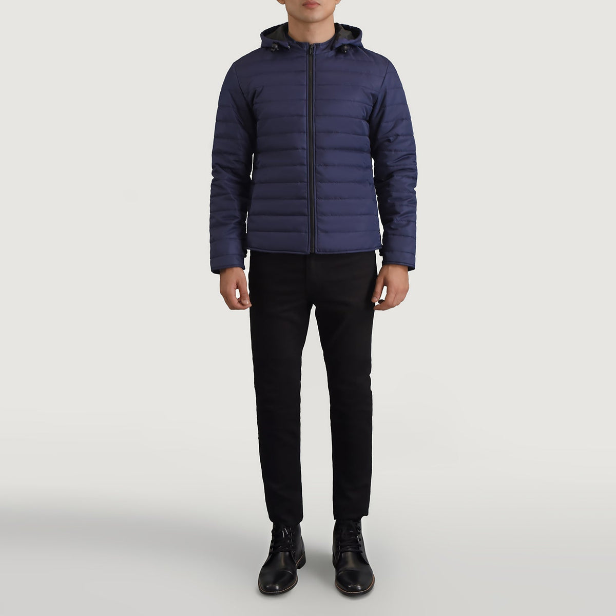 Tyler Blue Hooded Puffer Läderjacka för Herr - Lateral Side Profile View Showing Sleeve Cut &amp; Athletic Taper Fit