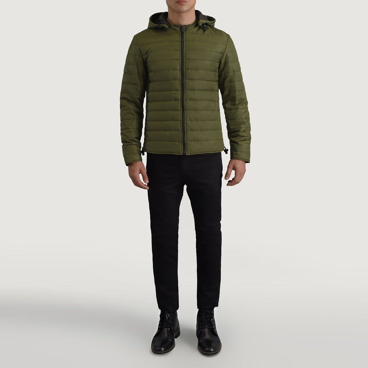 Tyler Green Hooded Puffer Läderjacka för Herr - Lateral Side Profile View Showing Sleeve Cut &amp; Athletic Taper Fit