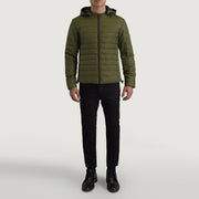 Tyler Green Hooded Puffer Läderjacka för Herr - Lateral Side Profile View Showing Sleeve Cut &amp; Athletic Taper Fit
