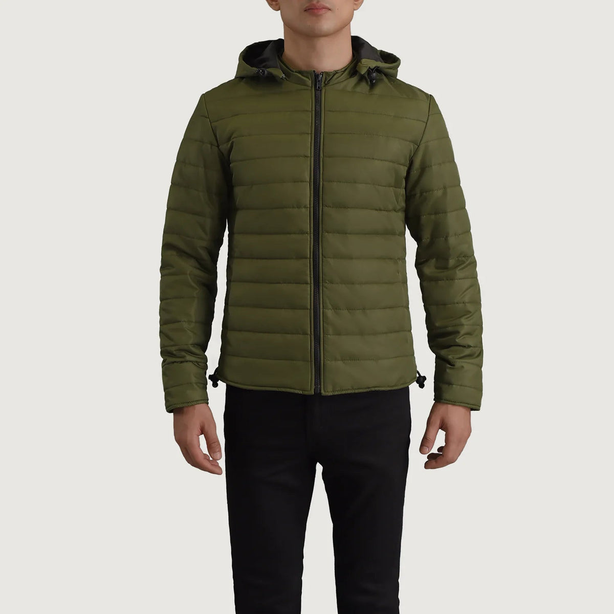 Close-Up Detail of Classic Collar &amp; Zipper Hardware on Tyler Green Hooded Puffer Läderjacka för Herr