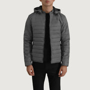 Tyler Grey Hooded Puffer Läderjacka för Herr in Grey Full-Grain Leather - Front Profile View &amp; Tailored Silhouette | Buy Online