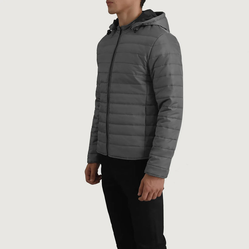 Tyler Grey Hooded Puffer Läderjacka för Herr