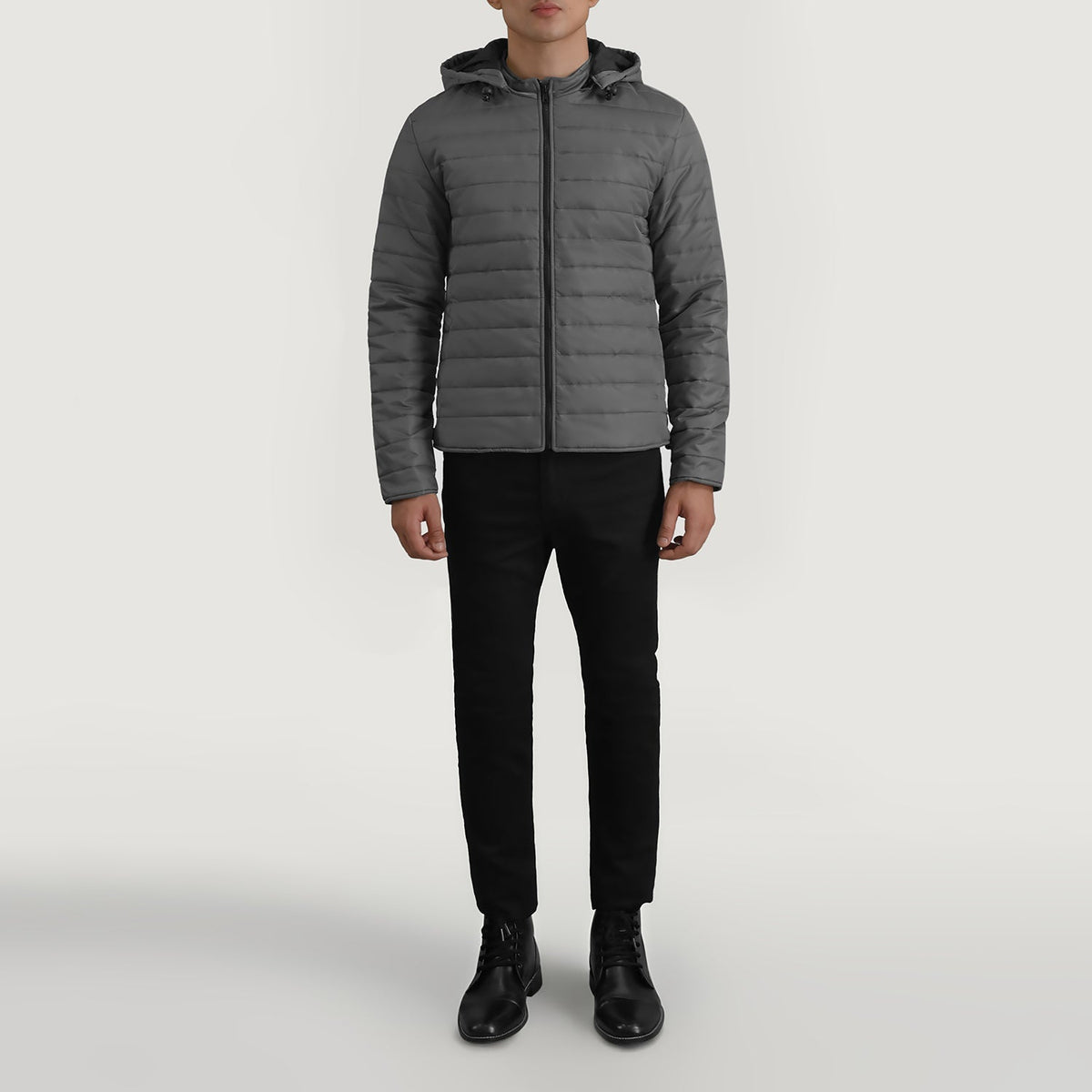 Tyler Grey Hooded Puffer Läderjacka för Herr - Lateral Side Profile View Showing Sleeve Cut &amp; Athletic Taper Fit