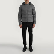 Tyler Grey Hooded Puffer Läderjacka för Herr - Lateral Side Profile View Showing Sleeve Cut &amp; Athletic Taper Fit