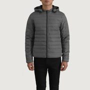 Close-Up Detail of Classic Collar &amp; Zipper Hardware on Tyler Grey Hooded Puffer Läderjacka för Herr