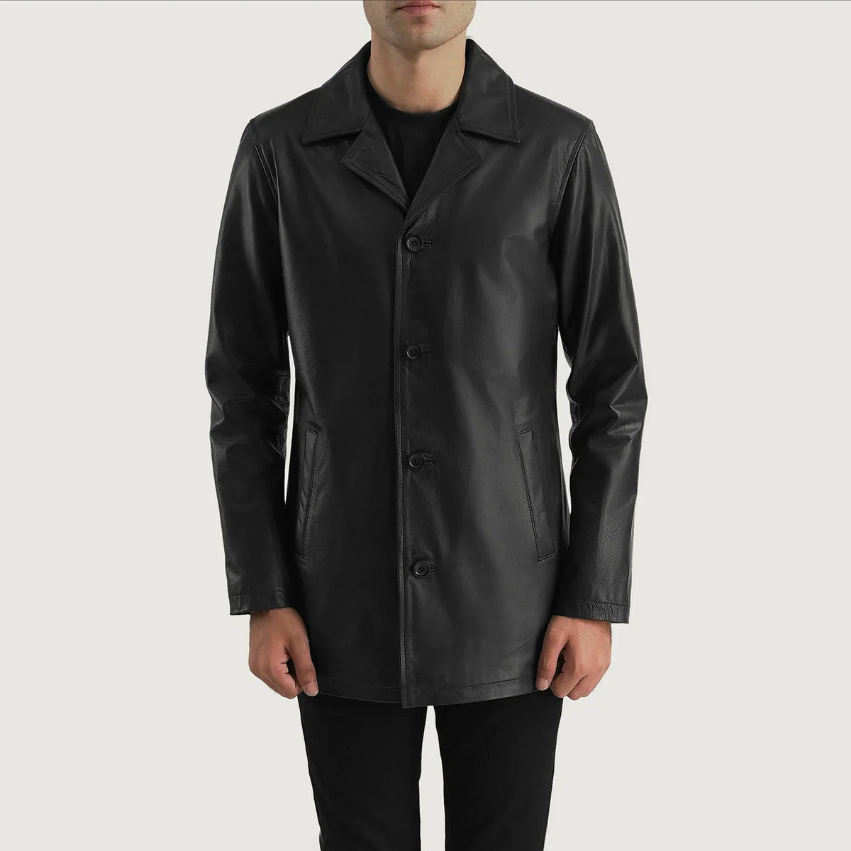 
Urban Slate Svart Läderrock för Herr in Black Cowhide (Lt-071) Leather - Framifrån med skräddarsydd silhuett | Handla online