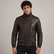 Dark Brun Sheepskin Bomberjacka i Läder för Herr in Dark Brown Authentic Sheepskin &amp;Amp; Shearling - Front Profile View &amp; Tailored Silhouette | Buy Online