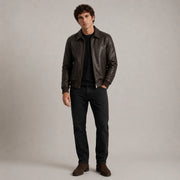 Dark Brun Sheepskin Bomberjacka i Läder för Herr - Lateral Side Profile View Showing Sleeve Cut &amp; Athletic Taper Fit