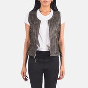 
Vanda Distressed Brun Leather Biker Vest för Dam in Distressed Brown Goatskin Leather - Framifrån med skräddarsydd silhuett | Handla online