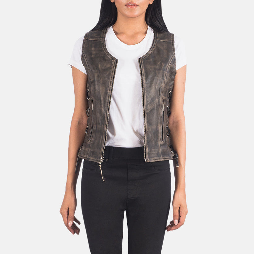 Vanda Distressed Brun Leather Biker Vest för Dam