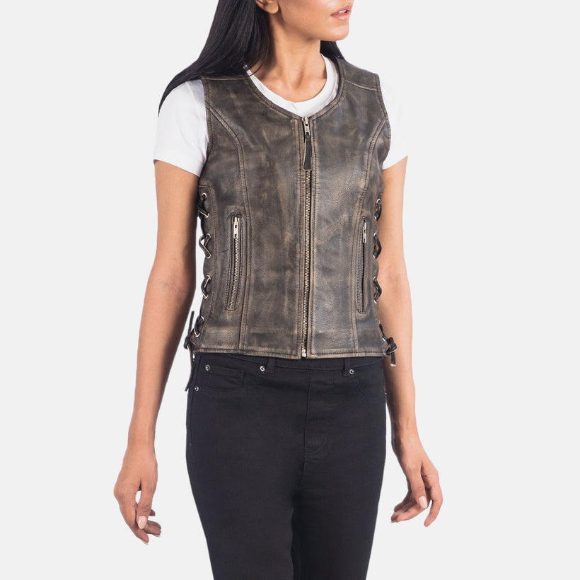 Vanda Distressed Brun Leather Biker Vest för Dam