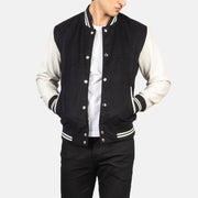 Men's Vaxton Svart &amp; White Hybrid Varsity Läderjacka för Herr in Black &amp; White Sheepskin Leather - Front Profile View &amp; Tailored Silhouette | Buy Online