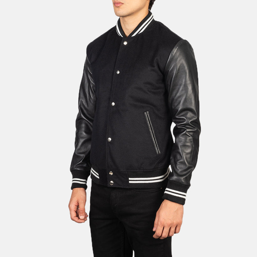 Vaxton Svart Striped Hybrid Varsity Läderjacka för Herr