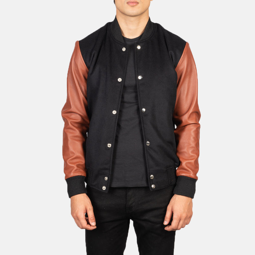Vaxton Brun & Svart Hybrid Varsity Läderjacka för Herr