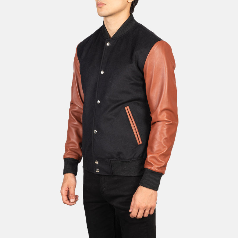 Vaxton Brun & Svart Hybrid Varsity Läderjacka för Herr