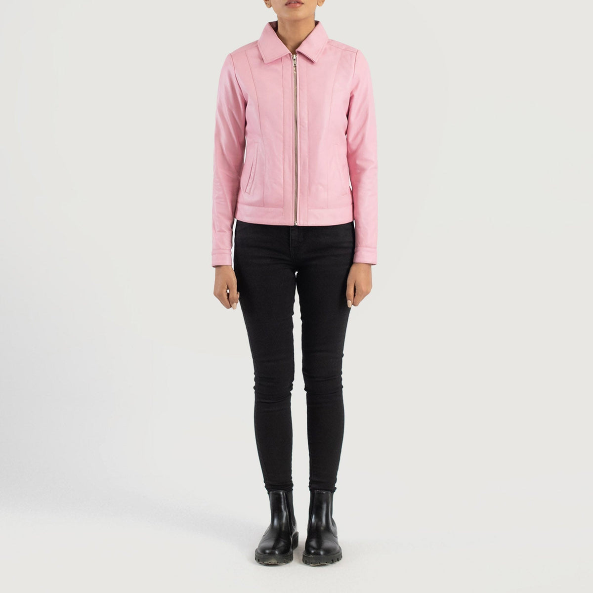 
Vixen Pink Classic Collar Leather Jacket - Sidoprofil som visar ärmskärning