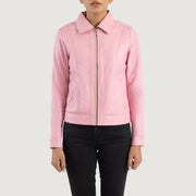 
Närbild på skjortkrage och dragkedja på Vixen Pink Classic Collar Leather Jacket