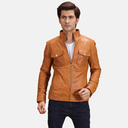 Voltex Ljusbrun Bikerjacka i Läder för Herr in Tan Brown Sheepskin Leather - Front Profile View &amp; Tailored Silhouette | Buy Online