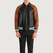 Close-Up Detail of Shirt collar & Zipper Hardware on Walton Blue Leather Varsity Jacket