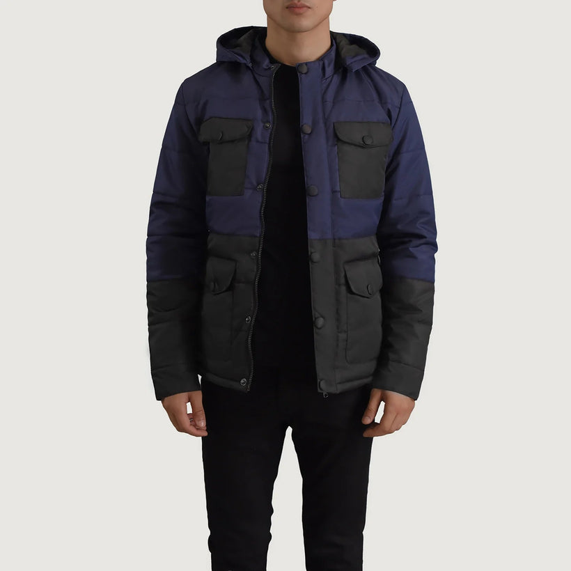 Wayne Svart & Blå Hooded Puffer Läderjacka för Herr